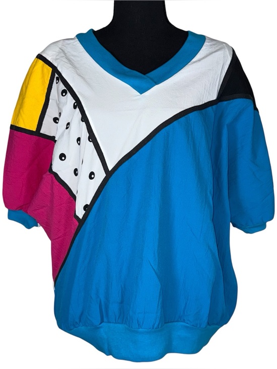 Vintage Tops - Vintage 80s Geometric Colorblock Pullover Top Multicolor Retro Women XL USA Made
